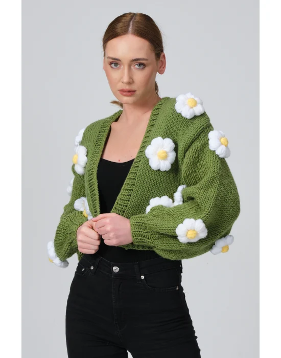 Siparişe Özel Crop El Örgüsü Papatya Hırka,Kısa Crop Top,Yeşil Papatya Hırka,Yün Kısa Papatya Hırka