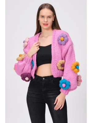 Siparişe Özel Pembe Kısa Papatya Hırka,Crop El Örgüsü Papatya Hırka, Kısa Crop Top