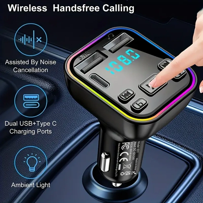 12-24V FM TRANSMITTER. USB ve Type-C Hızlı Şarj, TF Kart ve USB Destekli, Eller Serbest Arama.