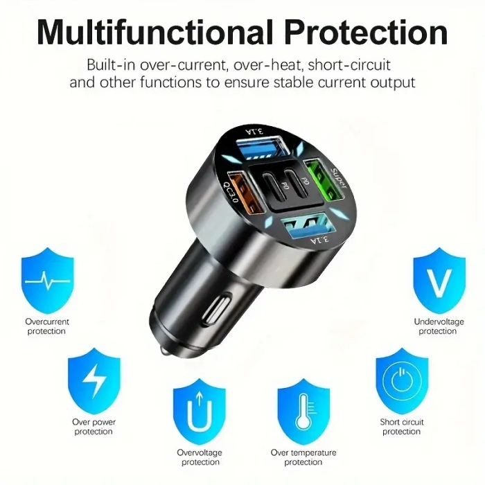 6-Port Çakmaklık Araç Tipi Şarj Cihazı, Hızlı Şarj PD QC3.0 USB Type-C