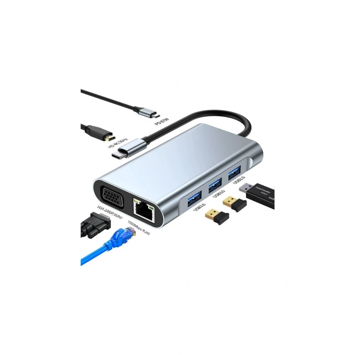 7in1 USB 3.0 + HDMI + RJ45 + Type-C Hub Adaptör Çevirici Dock Station