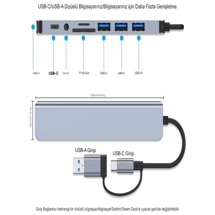 8in1 Alüminyum 4xUSB 1xType-C 3.5mm Jak TF/SD USB HUB Çoklayıcı Telefon
