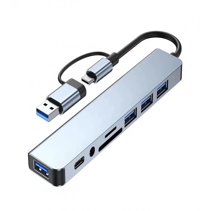 8in1 Alüminyum 4xUSB 1xType-C 3.5mm Jak TF/SD USB HUB Çoklayıcı Telefon