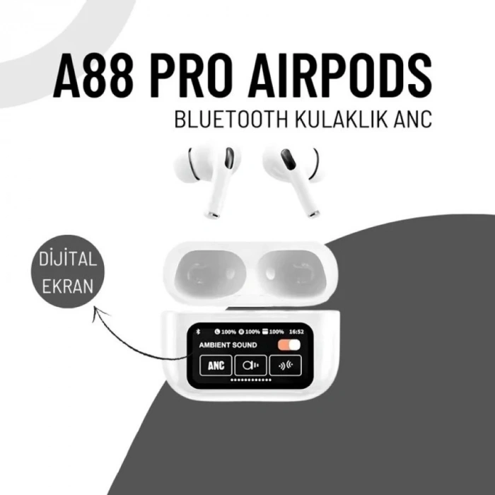 A88 Pro OLED Ekranlı ANC/ENC Destekli 5.3 Beyaz Bluetooth Kulaklık Beyaz Ekranlı Kulaklık