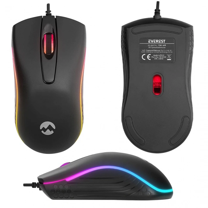 Everest SM-M9 1000 DPI USB RGB Rainbow Ledli Siyah 3D Optik Led Mouse