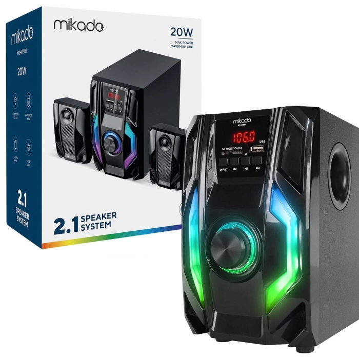 Mikado MD-415BT RGB 2+1 20 Watt Basslı FM/BT/SD/USB Bluetooth Ses Sistemi Multimedya Hoparlör