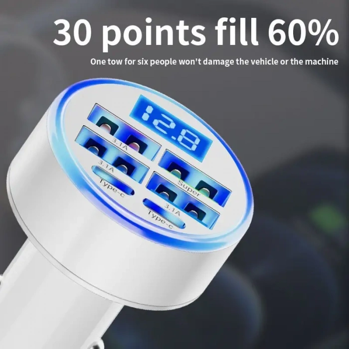 QC3.1 ve USB Tip-C 6sı 1 Arada. Çakmaklık Araç Hızlı Şarj Cihazı Beyaz