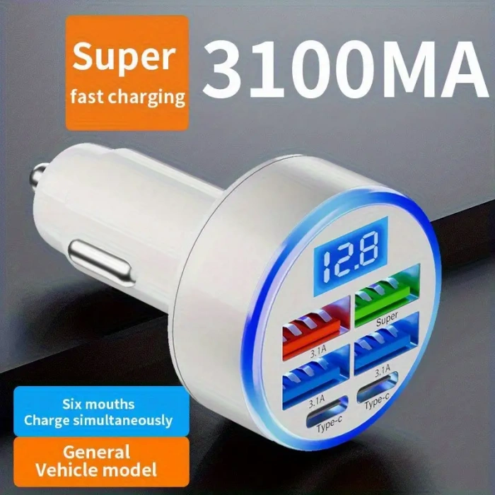 QC3.1 ve USB Tip-C 6sı 1 Arada. Çakmaklık Araç Hızlı Şarj Cihazı Beyaz