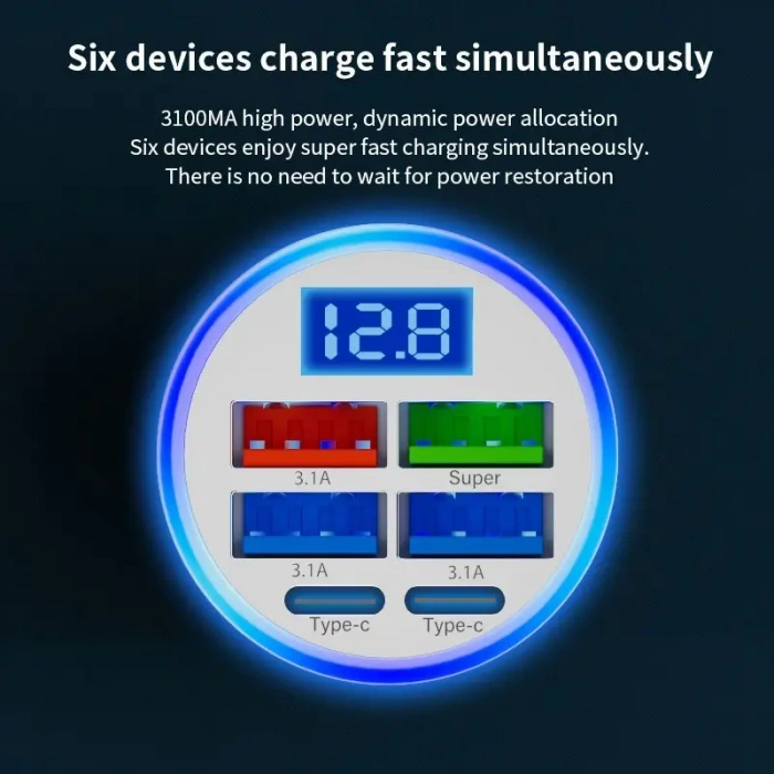 QC3.1 ve USB Tip-C 6sı 1 Arada. Çakmaklık Araç Hızlı Şarj Cihazı Beyaz