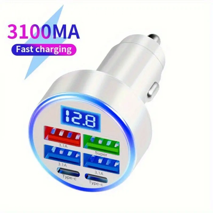 QC3.1 ve USB Tip-C 6sı 1 Arada. Çakmaklık Araç Hızlı Şarj Cihazı Beyaz