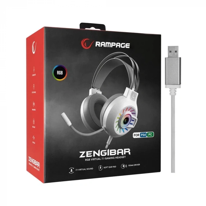 Rampage RM-K44 ZENGIBAR Beyaz 7.1 Surround RGB Işık Efekti Mikrofonlu Oyuncu Kulaklığı