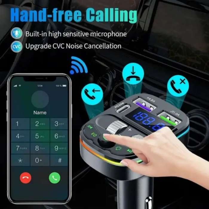 RV Araba Stereo FM Transmitter. Çift USB ve Type-C Hızlı Şarj, TF Kart ve USB Destekli, Eller Serbest Arama.