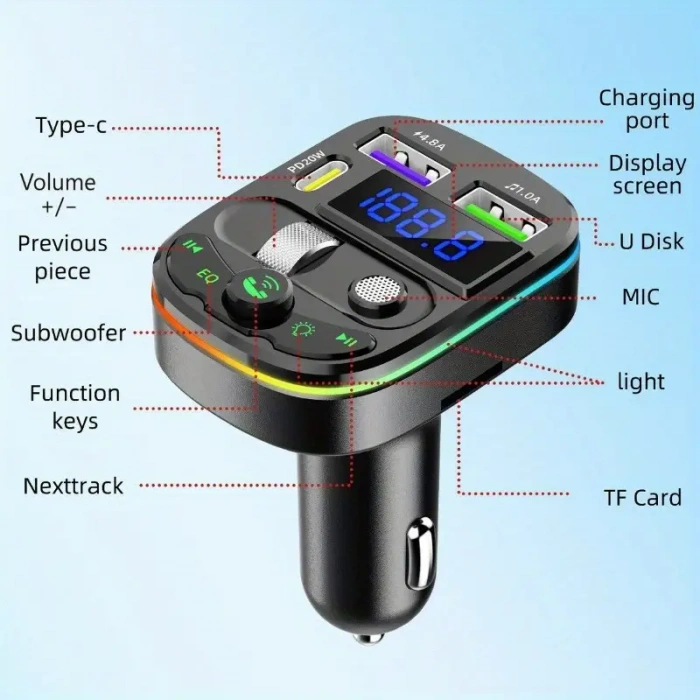 RV Araba Stereo FM Transmitter. Çift USB ve Type-C Hızlı Şarj, TF Kart ve USB Destekli, Eller Serbest Arama.