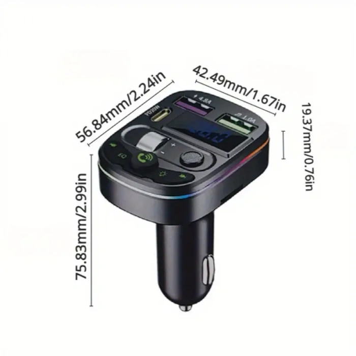 RV Araba Stereo FM Transmitter. Çift USB ve Type-C Hızlı Şarj, TF Kart ve USB Destekli, Eller Serbest Arama.