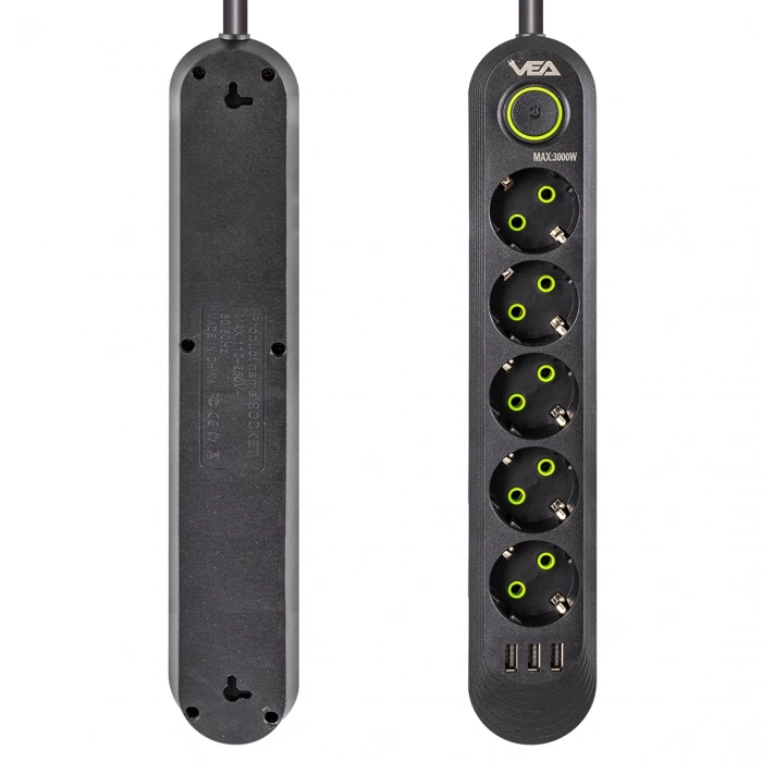 Vea VA-21561 5li 3 USBli 1.5 Metre Akım Korumalı Priz Siyah