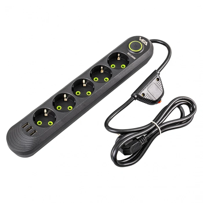 Vea VA-21561 5li 3 USBli 1.5 Metre Akım Korumalı Priz Siyah