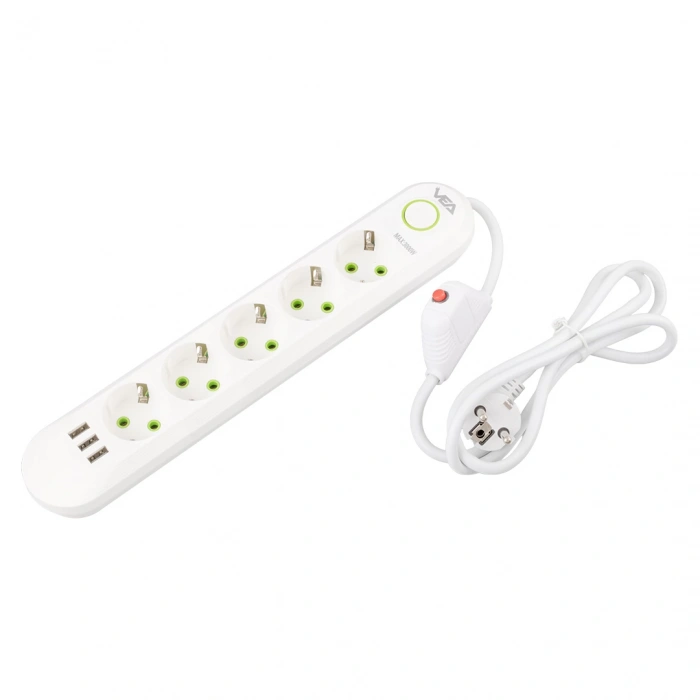 Vea VA-21562 5li 3 USBli 1.5 Metre Akım Korumalı Priz Beyaz