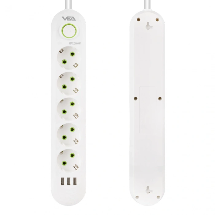 Vea VA-21562 5li 3 USBli 1.5 Metre Akım Korumalı Priz Beyaz
