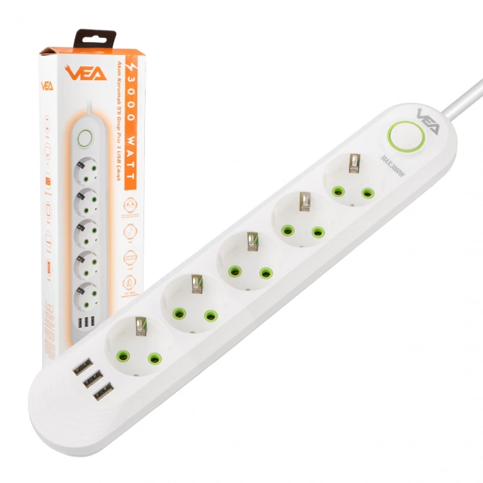Vea VA-21562 5li 3 USBli 1.5 Metre Akım Korumalı Priz Beyaz