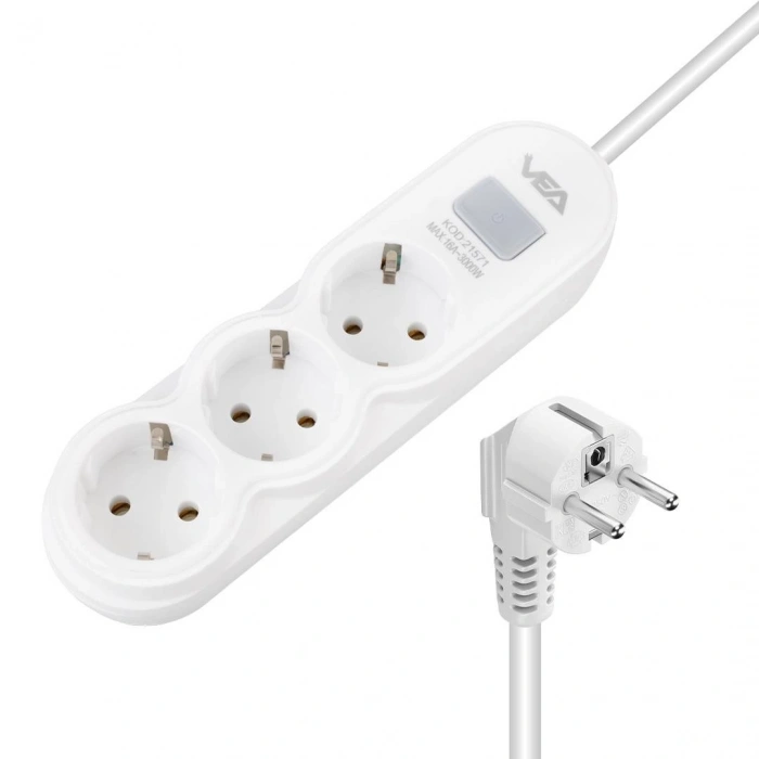 Vea VA-21571 3lü Anahtarlı 1.5 Metre Akım Korumalı Priz Beyaz