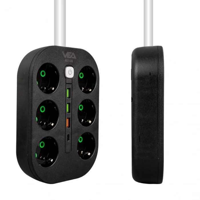 Vea VE-22399 6lı 1.5 Metre Kablolu 3 USBli Siyah Grup Priz