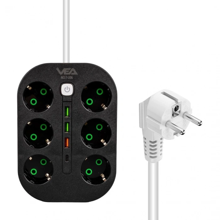 Vea VE-22399 6lı 1.5 Metre Kablolu 3 USBli Siyah Grup Priz