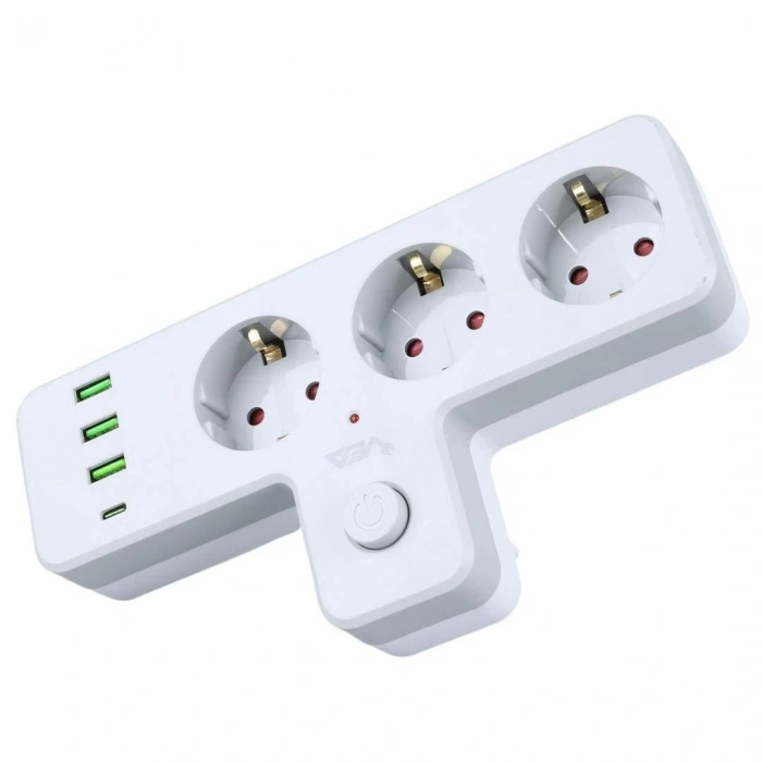 VEA VE-23088 3x USB 1x Type-C PD 3lü Çocuk Ve Termal Korumalı Anahtarlı Grup Priz