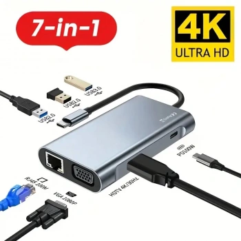 7in1 USB 3.0 + HDMI + RJ45 + Type-C Hub Adaptör Çevirici Dock Station