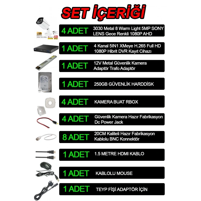 4 Kameralı AHD Set 250GB 3030- 5MP Sony Lensli HD Gece Renkli Güvenlik Kamerası Sistemi -Cepten izle