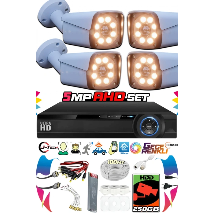 4 Kameralı AHD Set 250GB 3030- 5MP Sony Lensli HD Gece Renkli Güvenlik Kamerası Sistemi -Cepten izle