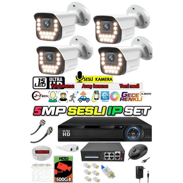 J-TECH 5MP IP Sesli Renkli Gece Görüşlü 4 Lü Akıllı Güvenlik Kamera Seti – Yüz ve Araç Tanıma