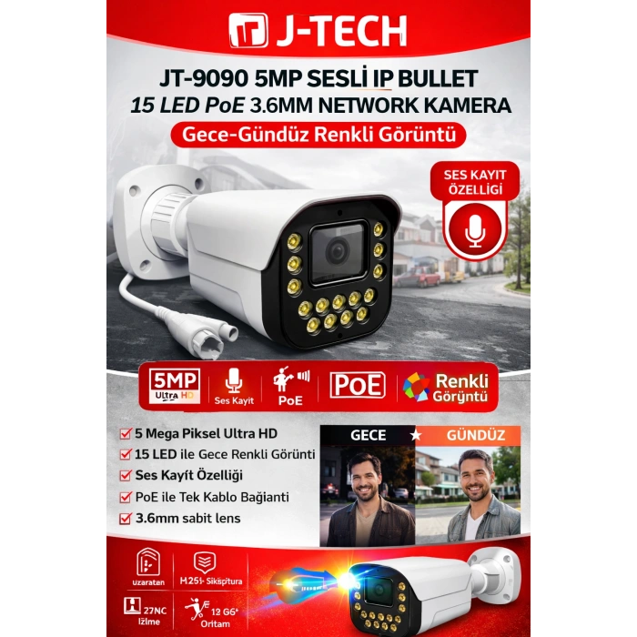 J-TECH 5MP 9090 iP Renkli Gece Görüşlü 8 Li 500GB Akıllı Güvenlik Kamera Seti – Yüz ve Araç Tanıma