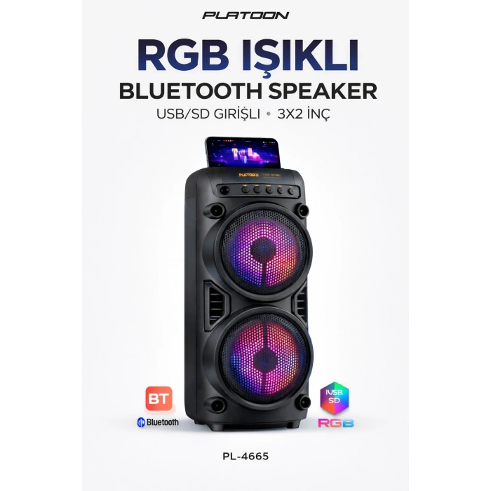 Platoon PL-4665 RGB Işıklı Bluetooth Speaker | USB/SD Girişli | 3x2 İnç