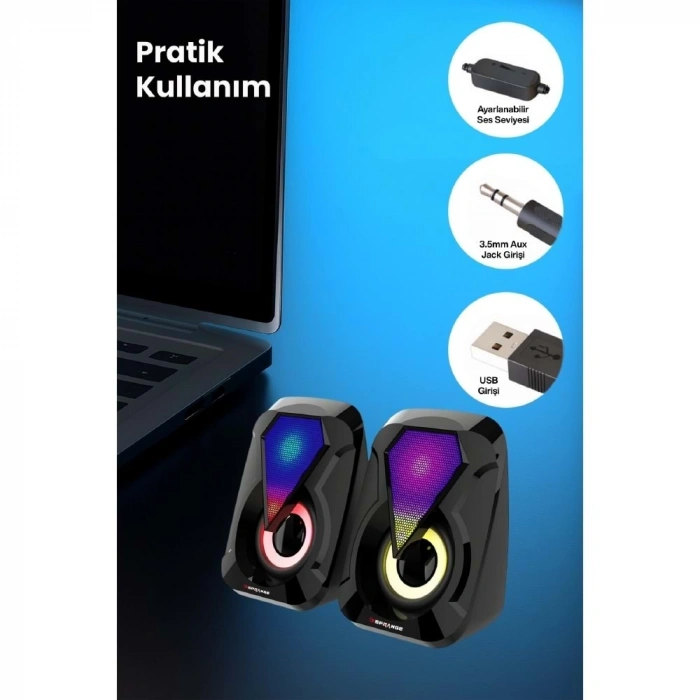 Sprange SR-PN785 2.0 RGB Işıklı Multimedia 5V 3W*2 Gaming Oyuncu Speaker -Siyah