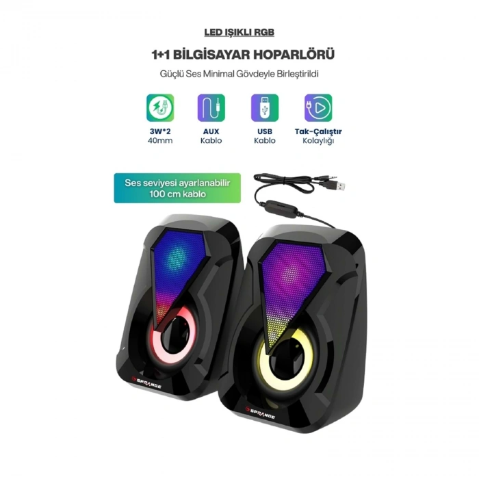Sprange SR-PN785 2.0 RGB Işıklı Multimedia 5V 3W*2 Gaming Oyuncu Speaker -Siyah