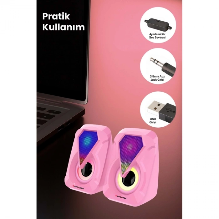 Sprange SR-PN785 2.0 RGB Işıklı Multimedia 5V 3W*2 Gaming Oyuncu Speaker -Pembe