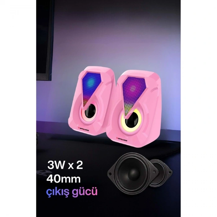 Sprange SR-PN785 2.0 RGB Işıklı Multimedia 5V 3W*2 Gaming Oyuncu Speaker -Pembe