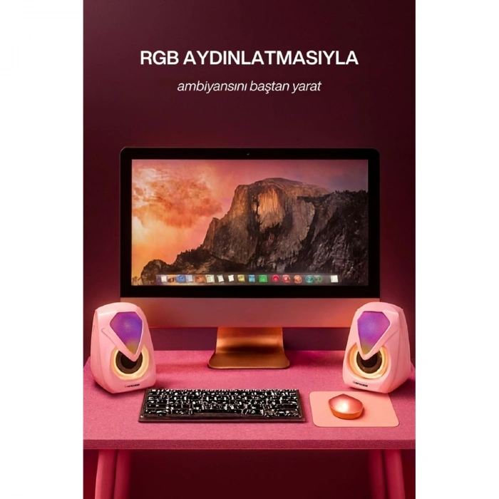 Sprange SR-PN785 2.0 RGB Işıklı Multimedia 5V 3W*2 Gaming Oyuncu Speaker -Pembe