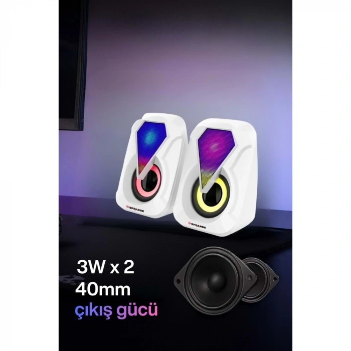 Sprange SR-PN785 2.0 RGB Işıklı Multimedia 5V 3W*2 Gaming Oyuncu Speaker -Beyaz