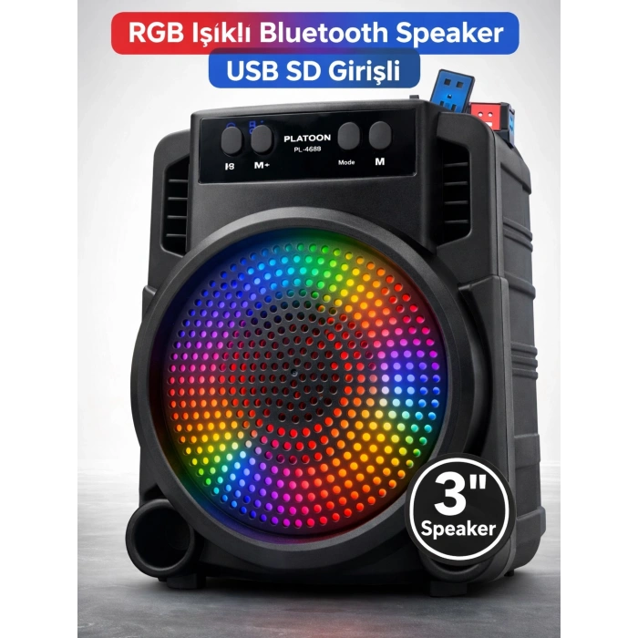 Platoon PL-4689 RGB Işıklı Bluetooth Speaker USB SD Girişli