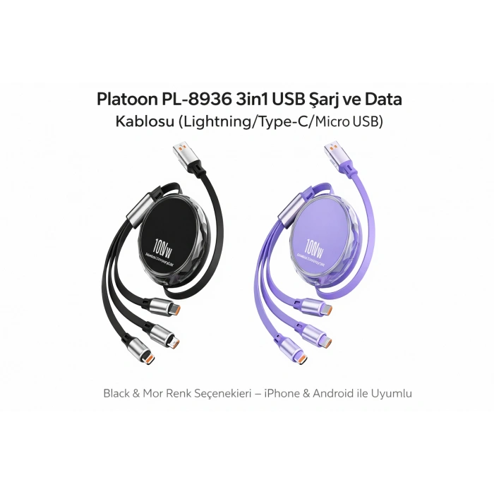 Platoon PL-8936 3in1 USB Şarj ve Data Kablosu (Lightning/Type-C/Micro USB)