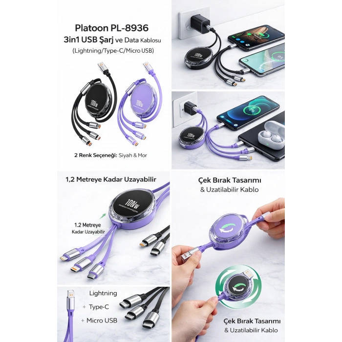 Platoon PL-8936 3in1 USB Şarj ve Data Kablosu (Lightning/Type-C/Micro USB)