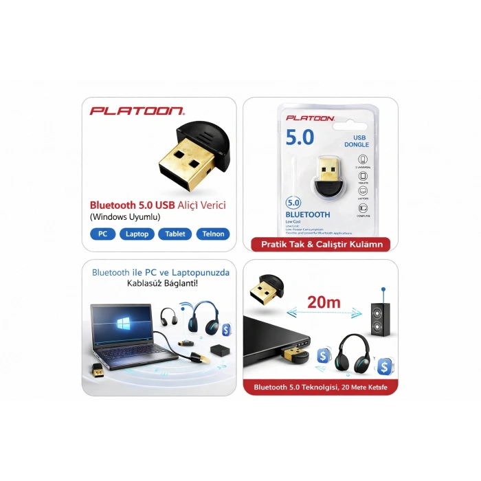 Platoon PL-9337 Bluetooth 5.0 USB Alıcı Verici (Windows Uyumlu)