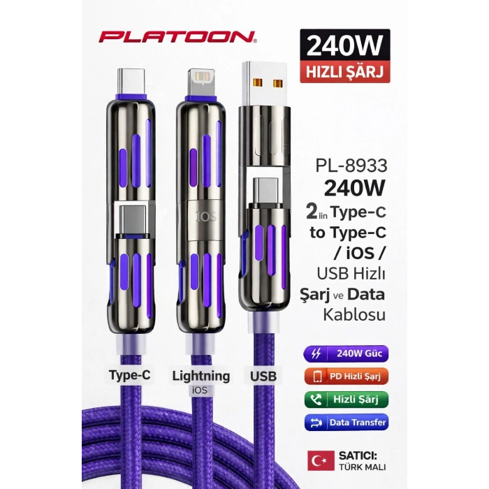 Platoon PL-8933 240W 2in1 Type-C to Type-C / iOS / USB Hızlı Şarj ve Data Kablosu