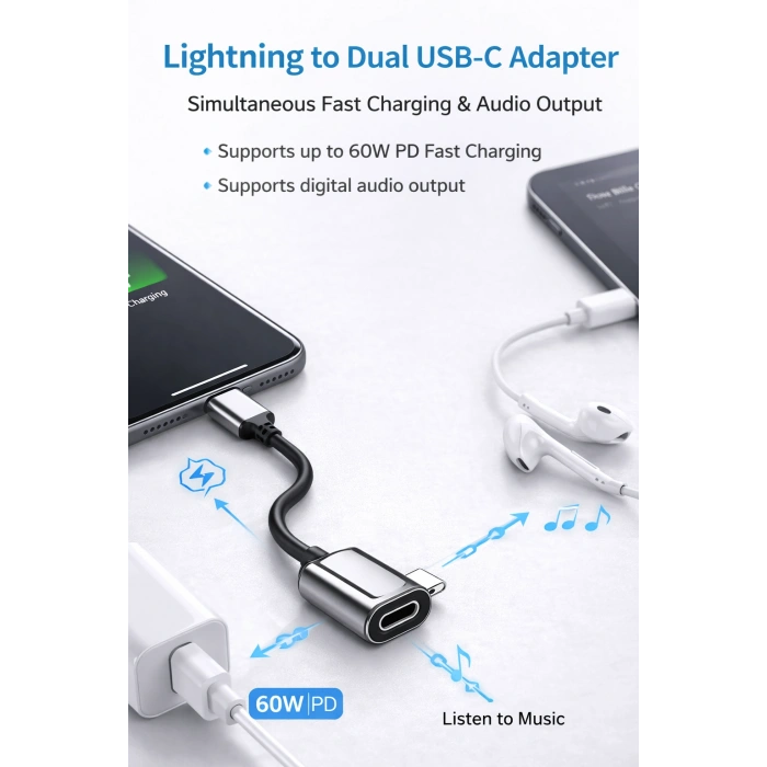 Platoon PL-8816 iOS Lightning to Type-C + Type-C Şarj Giriş Çoğaltıcı Adaptör (2 Port)