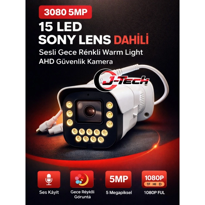 J-TECH 5MP Sesli 3080 Renkli Gece Görüşlü 4 Lü 500GB Akıllı Güvenlik Kamera Seti – Yüz ve Araç Tanıma