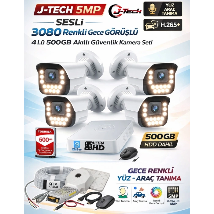 J-TECH 5MP Sesli 3080 Renkli Gece Görüşlü 4 Lü 500GB Akıllı Güvenlik Kamera Seti – Yüz ve Araç Tanıma