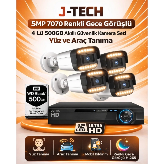 J-TECH 5MP 7070 Renkli Gece Görüşlü 4 Lü 500GB Akıllı Güvenlik Kamera Seti – Yüz ve Araç Tanıma