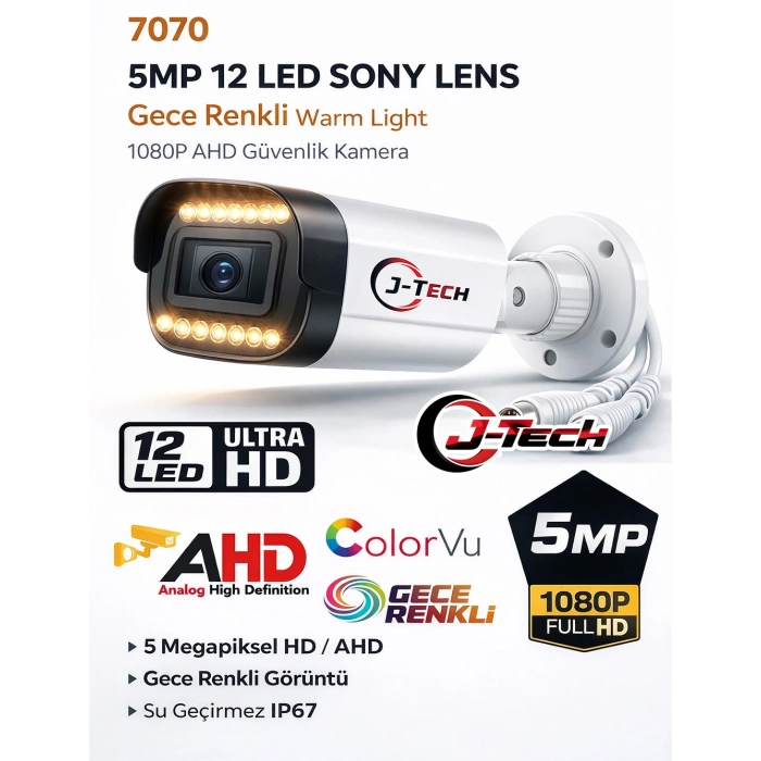 J-TECH 5MP 7070 Renkli Gece Görüşlü 8 Li Akıllı Güvenlik Kamera Seti – Yüz ve Araç Tanıma