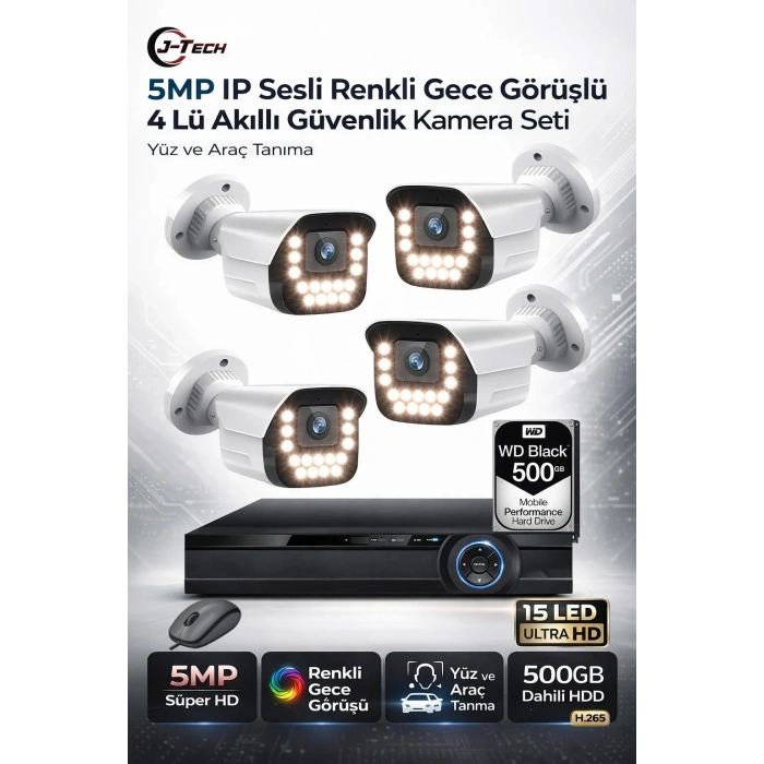 J-TECH 5MP IP Sesli Renkli Gece Görüşlü 4 Lü Akıllı Güvenlik Kamera Seti – Yüz ve Araç Tanıma